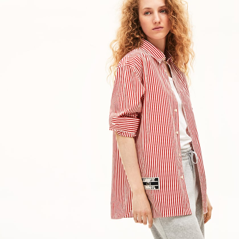 Women's Lacoste White / Red Shirts LIVE Boxy-Fit Striped Cotton EM7-74897V5