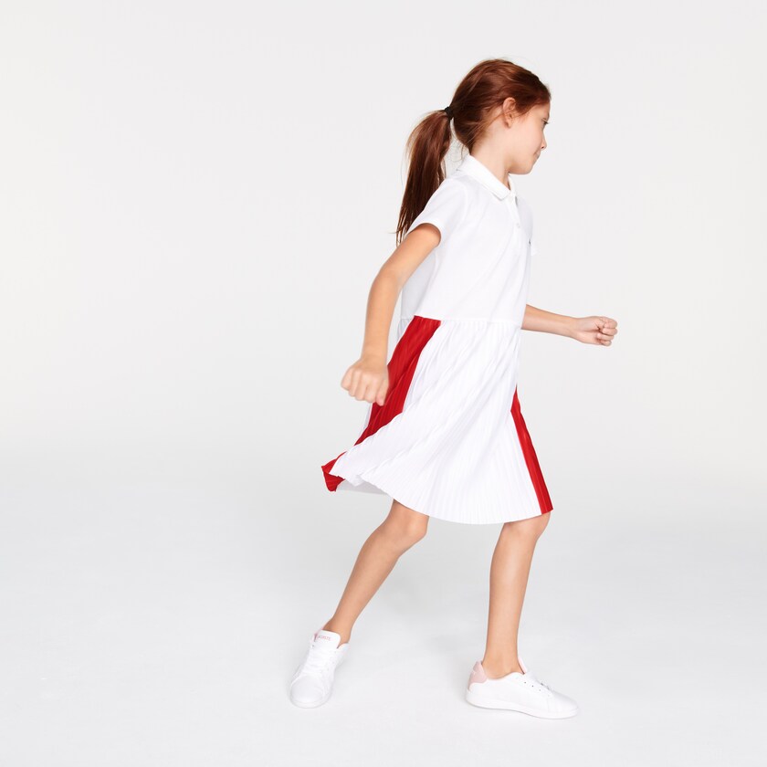 Women's Lacoste White / Red Polo Dress Pleated Lightweight Cotton Piqué MY6-85818O0