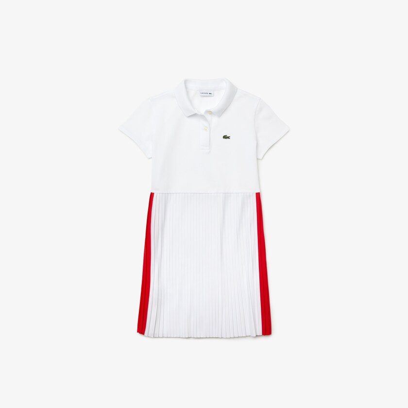 Women's Lacoste White / Red Polo Dress Pleated Lightweight Cotton Piqué MY6-85818O0