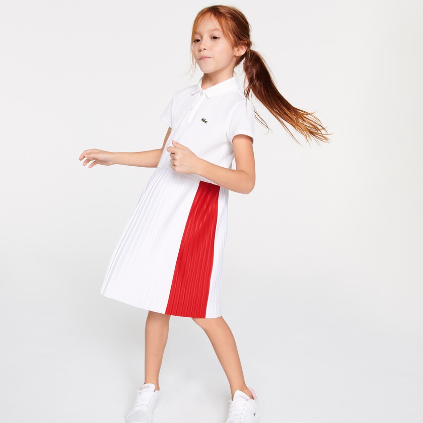 Women's Lacoste White / Red Polo Dress Pleated Lightweight Cotton Piqué MY6-85818O0