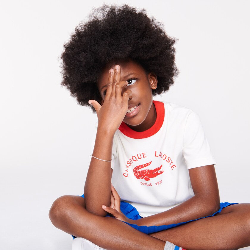 Kids' Lacoste White / Red T Shirts Ringer Crewneck Lightweight Printed Cotton JV8-11351A3