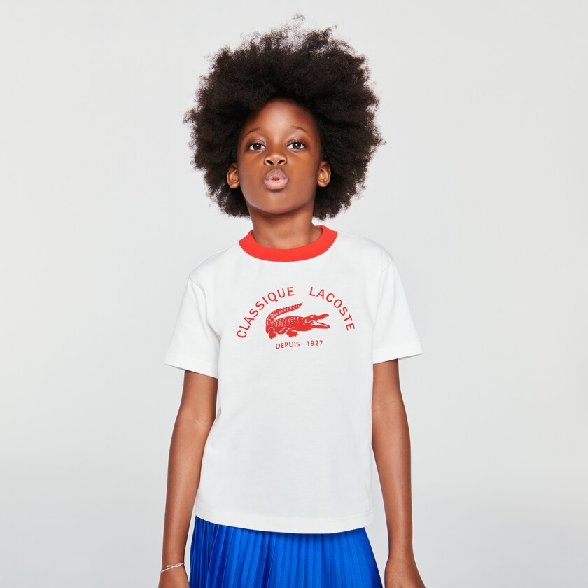 Kids' Lacoste White / Red T Shirts Ringer Crewneck Lightweight Printed Cotton JV8-11351A3