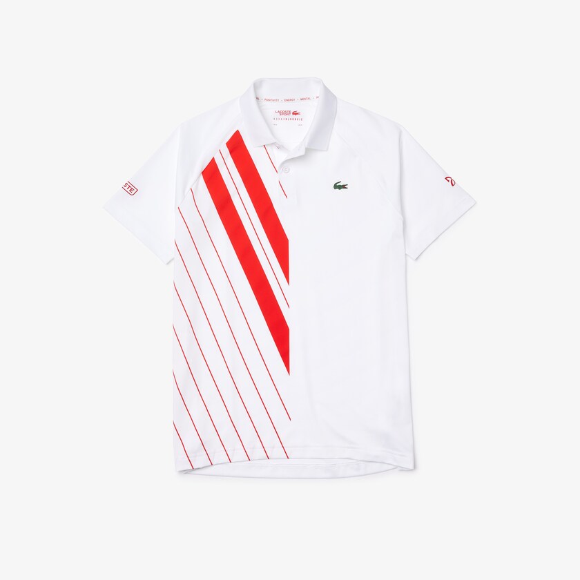 Men's Lacoste White / Red Shirts SPORT x Novak Djokovic Print Stretch Jersey Polo VB2-36653T2