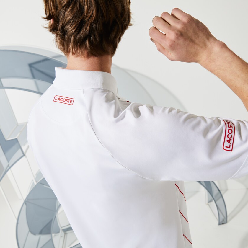 Men's Lacoste White / Red Shirts SPORT x Novak Djokovic Print Stretch Jersey Polo VB2-36653T2