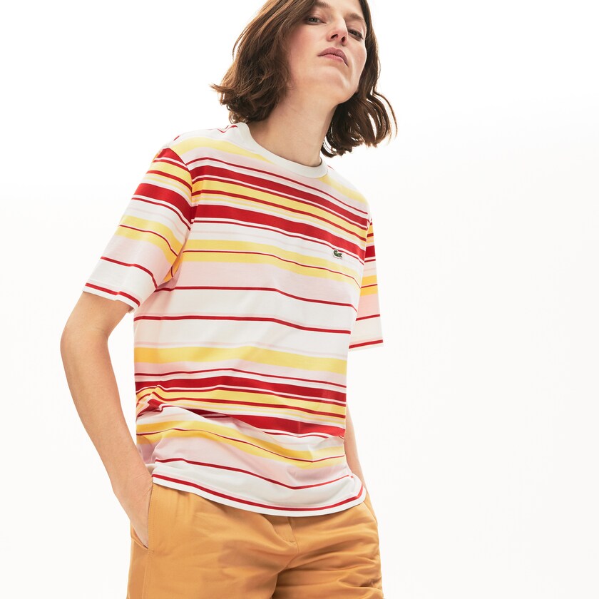 Women's Lacoste White / Red / Light Pink / Yellow T Shirts Crew Neck Striped Cotton GP1-03280O2