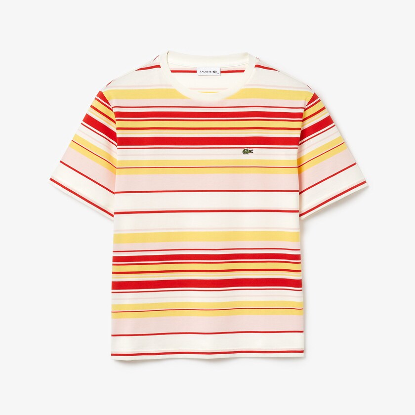 Women's Lacoste White / Red / Light Pink / Yellow T Shirts Crew Neck Striped Cotton GP1-03280O2