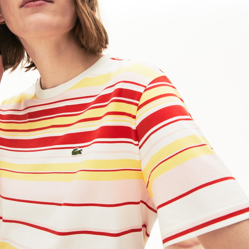 Women's Lacoste White / Red / Light Pink / Yellow T Shirts Crew Neck Striped Cotton GP1-03280O2