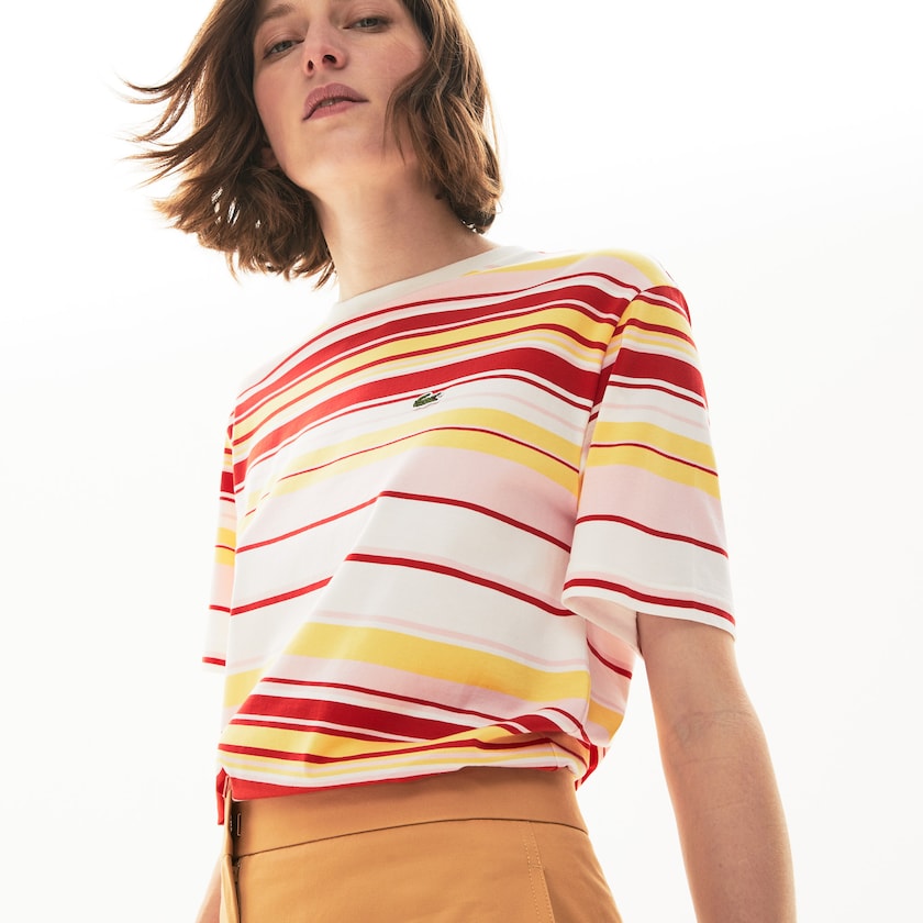 Women's Lacoste White / Red / Light Pink / Yellow T Shirts Crew Neck Striped Cotton GP1-03280O2