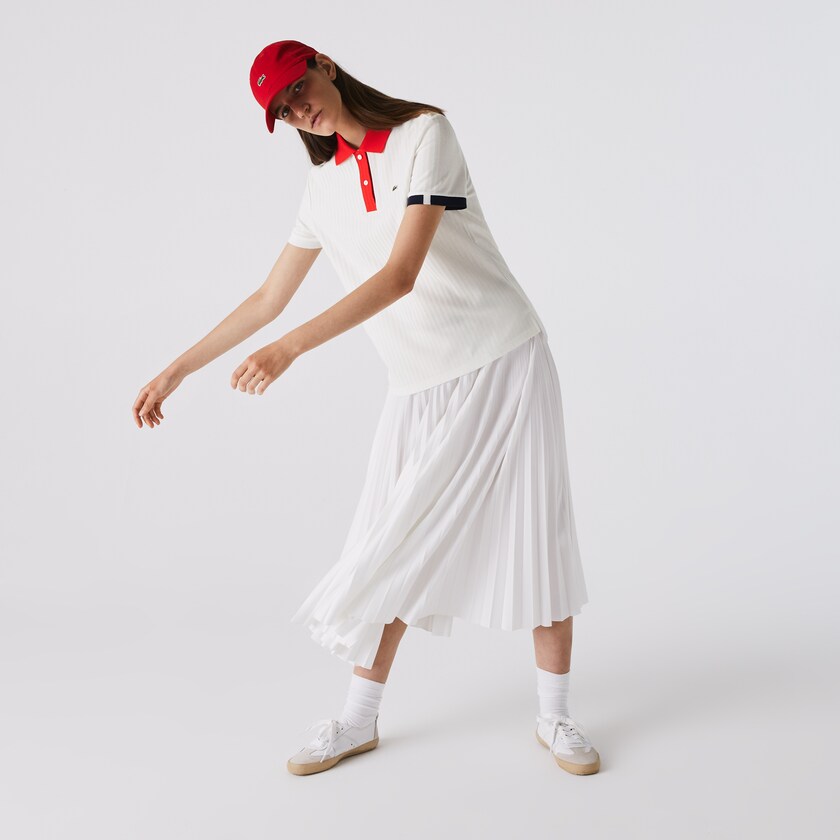Women's Lacoste White / Red / Navy Blue / White Polo Shirts Made In France Regular fit Tricolour Organic Cotton XO3-41784T9