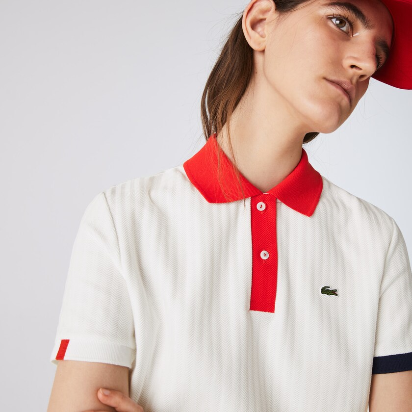 Women's Lacoste White / Red / Navy Blue / White Polo Shirts Made In France Regular fit Tricolour Organic Cotton XO3-41784T9