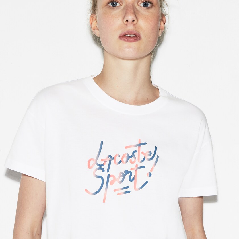 Women's Lacoste White / Red / Pink / Blue T Shirts SPORT Crew Neck Shaded Design Tennis HH7-40874X1