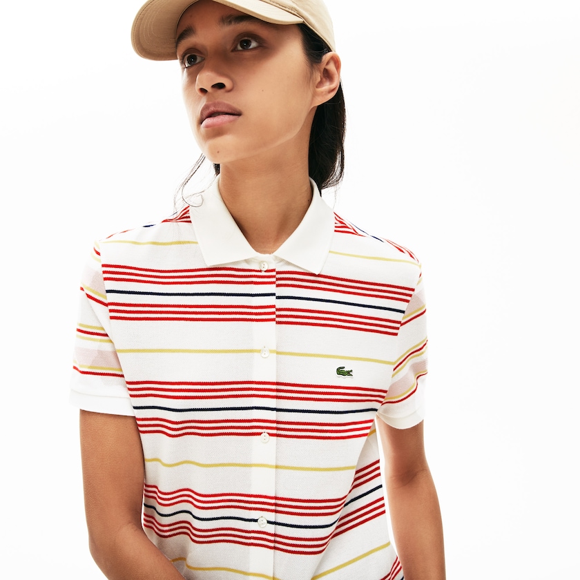 Women's Lacoste White / Red / Yellow / Navy Blue / Light Pink Polo Dress Striped Cotton Buttoned IE2-11121Q7
