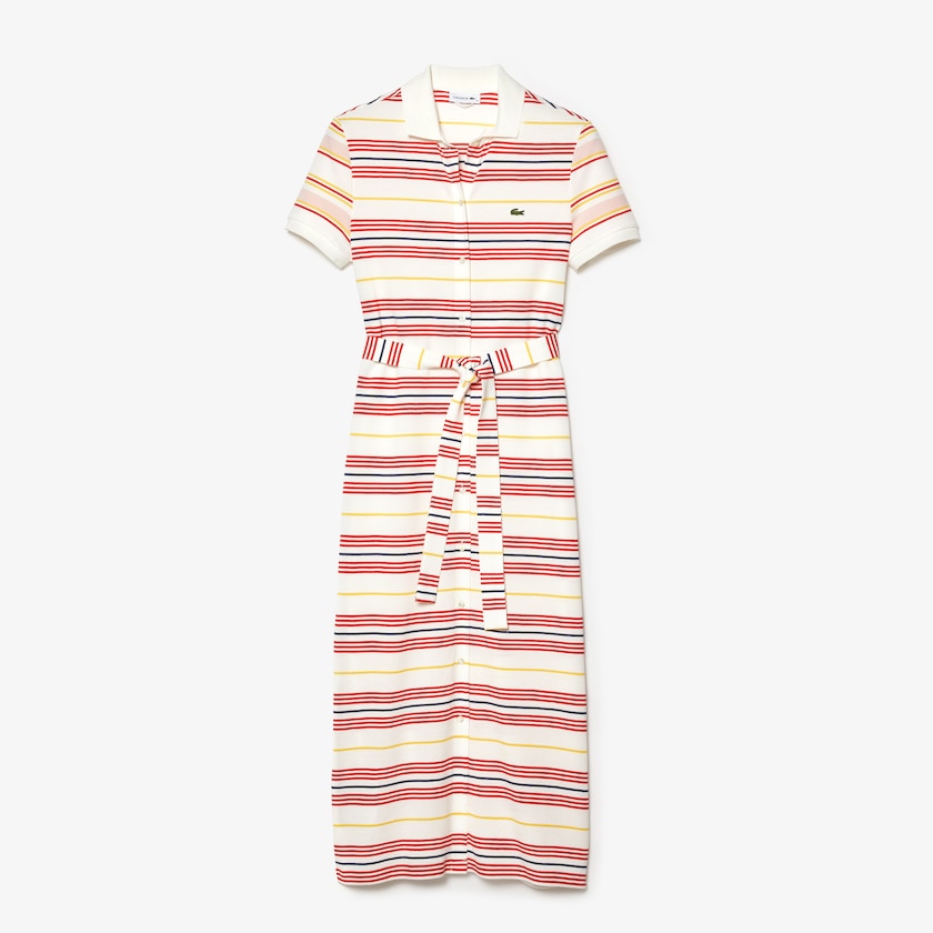 Women's Lacoste White / Red / Yellow / Navy Blue / Light Pink Polo Dress Striped Cotton Buttoned IE2-11121Q7