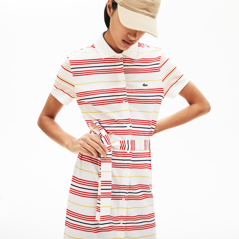 Women's Lacoste White / Red / Yellow / Navy Blue / Light Pink Polo Dress Striped Cotton Buttoned IE2-11121Q7