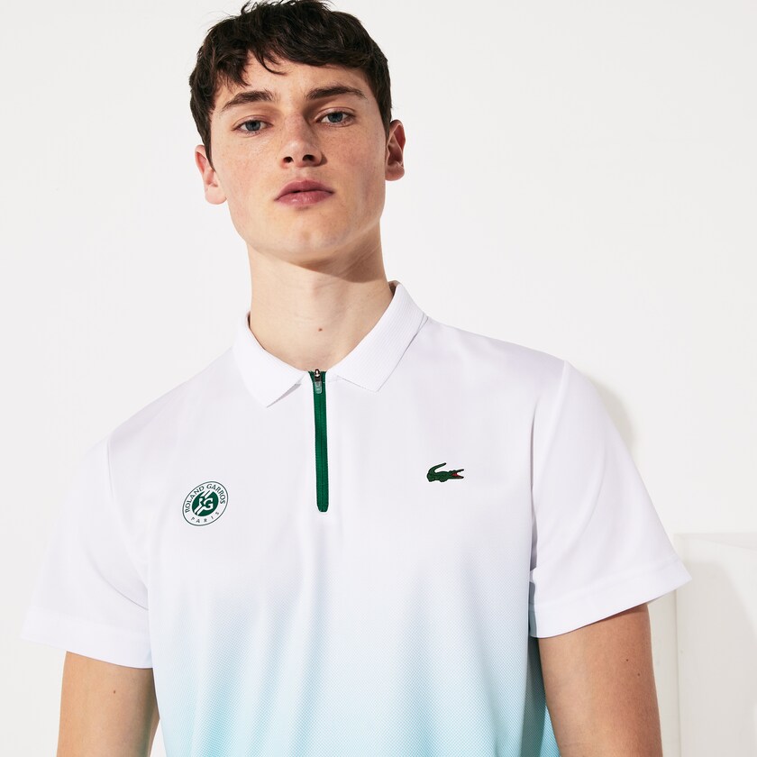 Men's Lacoste White / Turquoise / Green Shirts SPORT Roland Garros Zip-Front Performance Polo BI3-79517T0