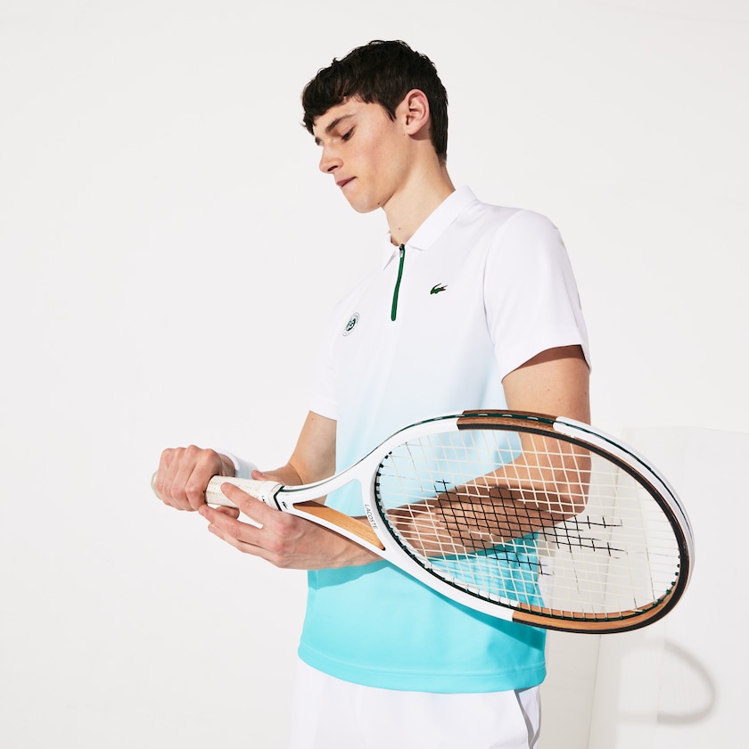 Men's Lacoste White / Turquoise / Green Shirts SPORT Roland Garros Zip-Front Performance Polo BI3-79517T0