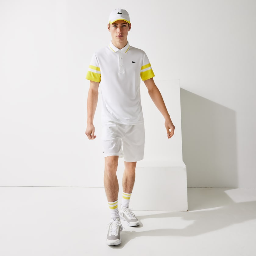 Men's Lacoste White / Yellow Shirts SPORT Striped-Sleeve Breathable Piqué Tennis Polo VW9-85078X5