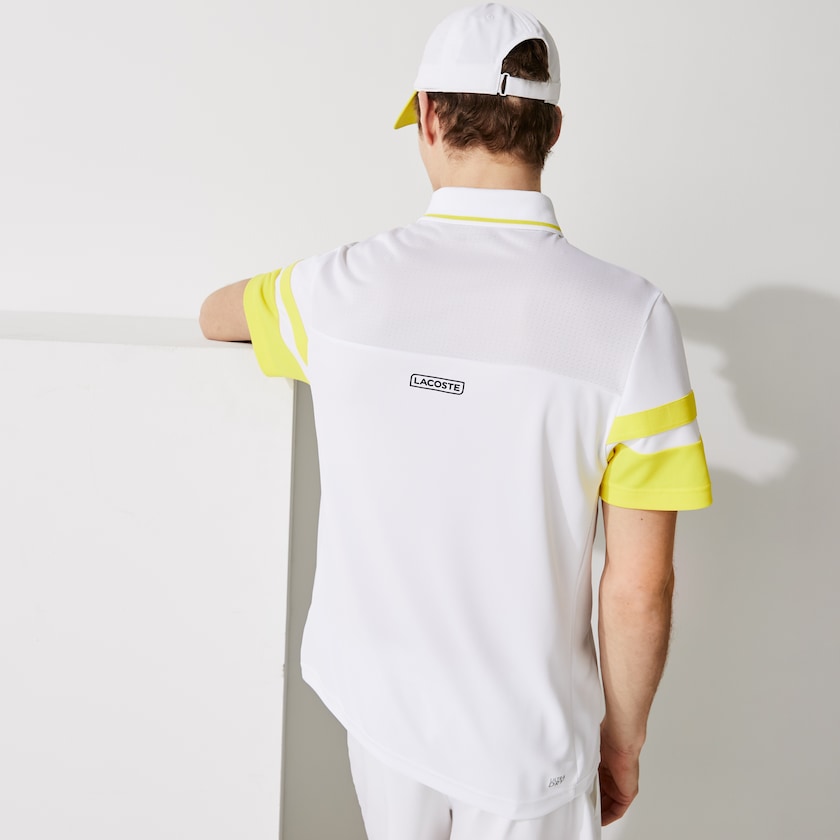 Men's Lacoste White / Yellow Shirts SPORT Striped-Sleeve Breathable Piqué Tennis Polo VW9-85078X5