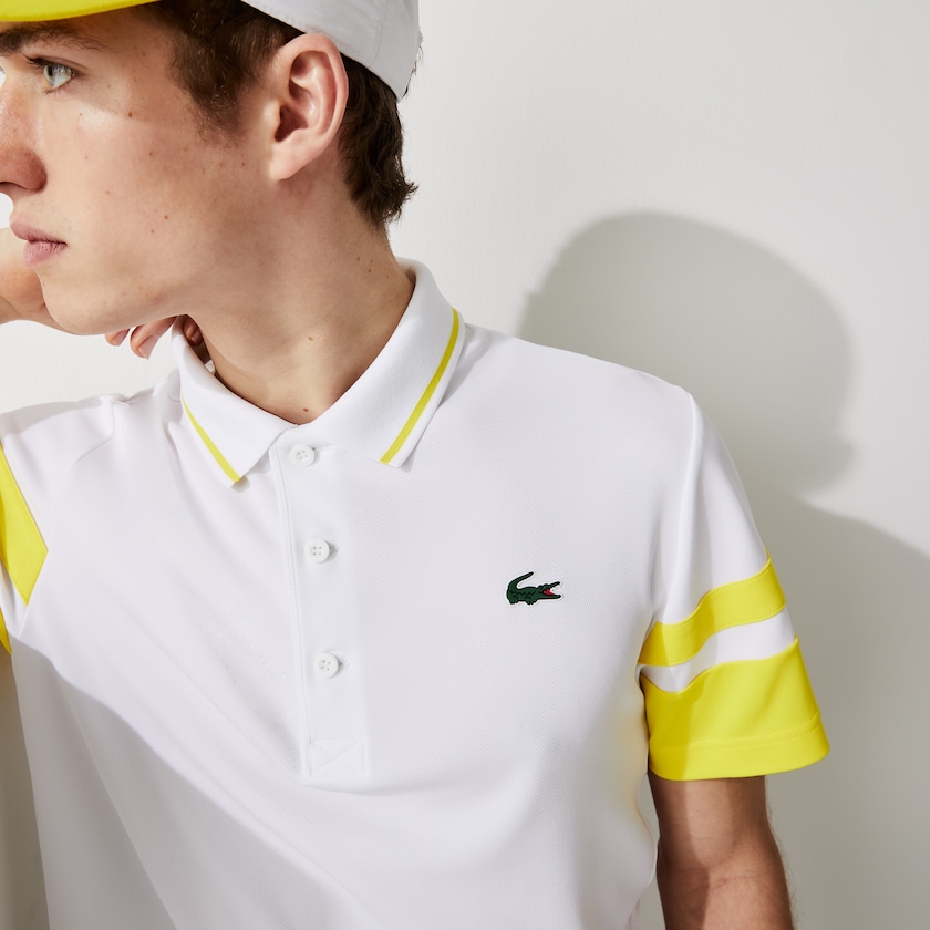 Men's Lacoste White / Yellow Shirts SPORT Striped-Sleeve Breathable Piqué Tennis Polo VW9-85078X5