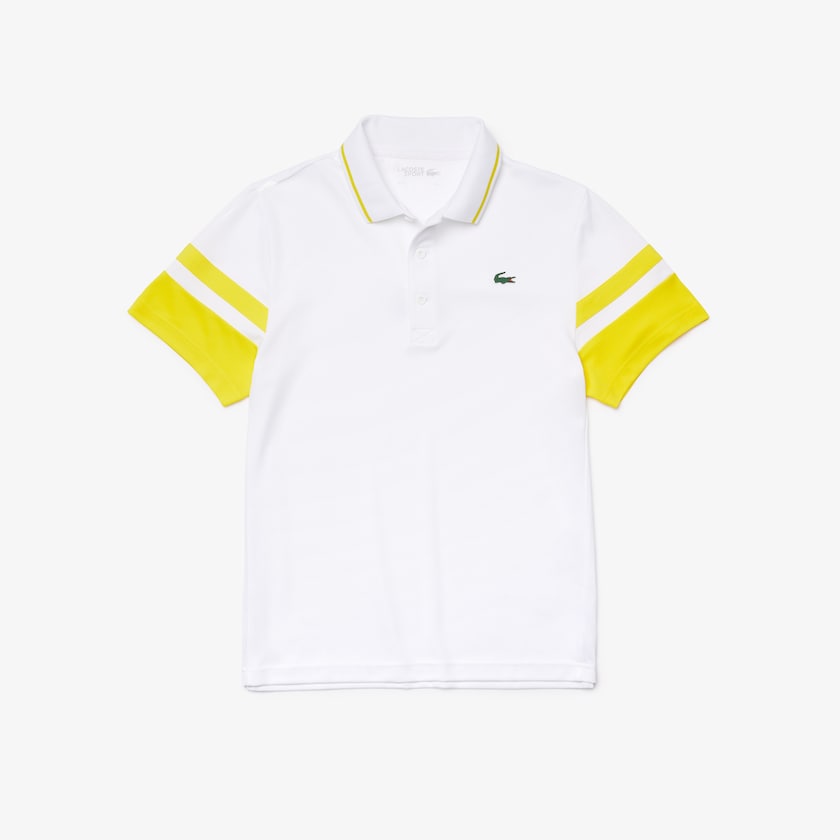 Men's Lacoste White / Yellow Shirts SPORT Striped-Sleeve Breathable Piqué Tennis Polo VW9-85078X5