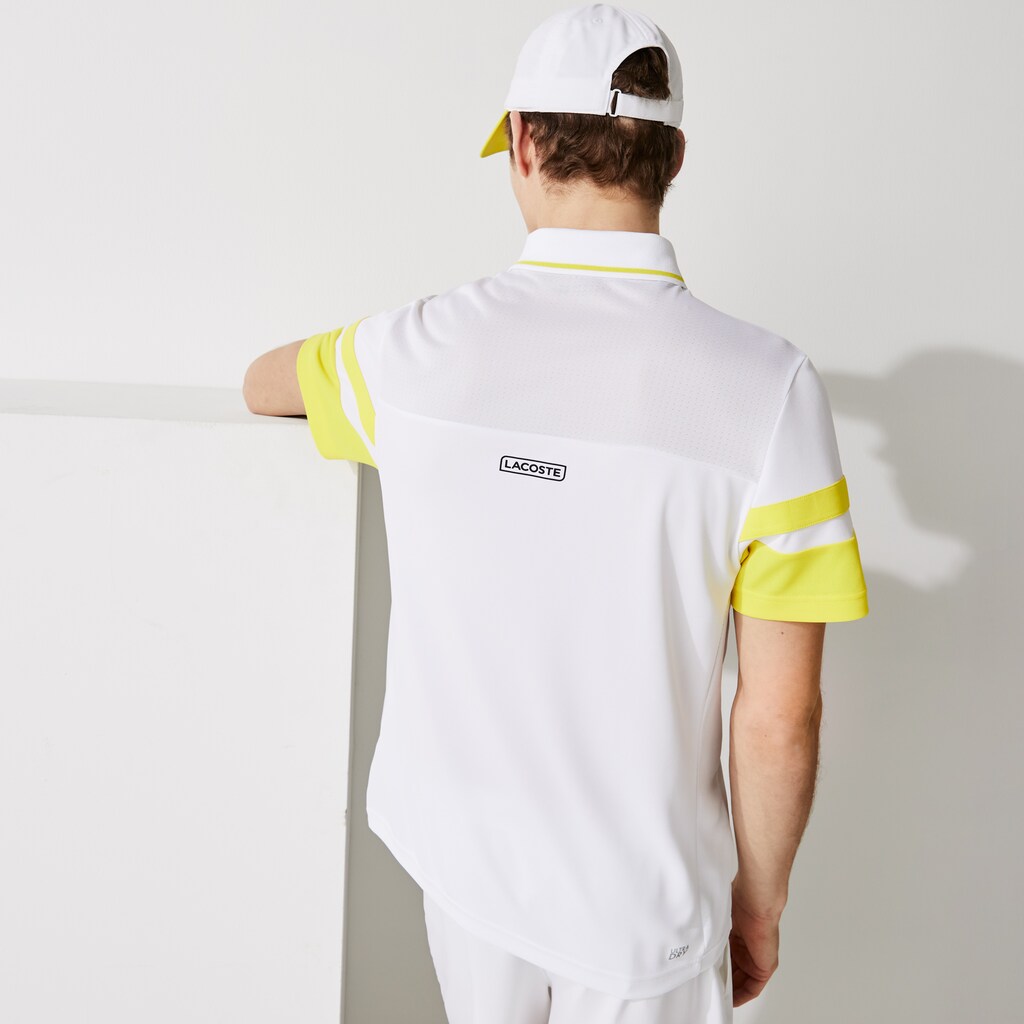 Men's Lacoste White / Yellow Polo Shirts SPORT Striped-Sleeve Breathable Piqué Tennis NO7-48544U3
