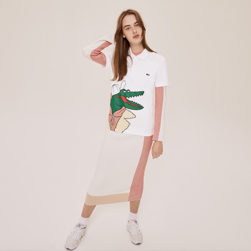 Women's Lacoste White / Yellow Polo Shirts x Jean-Michel Tixier Print Classic Fit VK8-54205R4