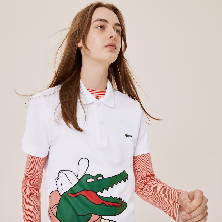 Women's Lacoste White / Yellow Polo Shirts x Jean-Michel Tixier Print Classic Fit VK8-54205R4