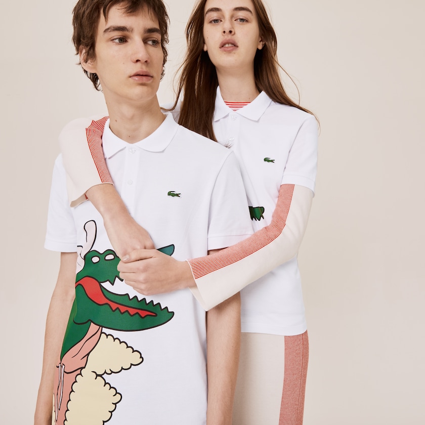Women's Lacoste White / Yellow Polo Shirts x Jean-Michel Tixier Print Classic Fit VK8-54205R4