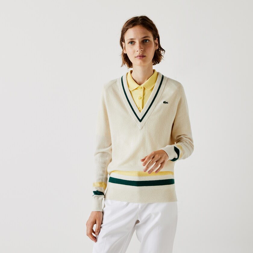 Women's Lacoste White / Yellow / Green Sweaters SPORT Recycled Cashmere V-neck Golf AV9-97939P2