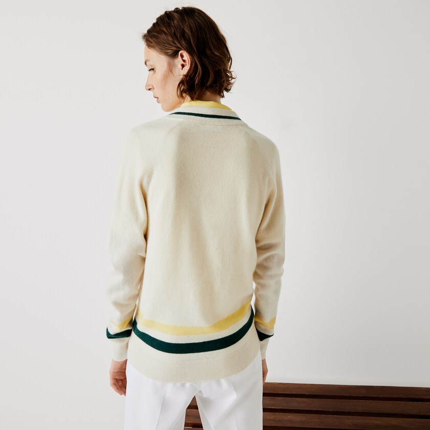 Women's Lacoste White / Yellow / Green Sweaters SPORT Recycled Cashmere V-neck Golf AV9-97939P2