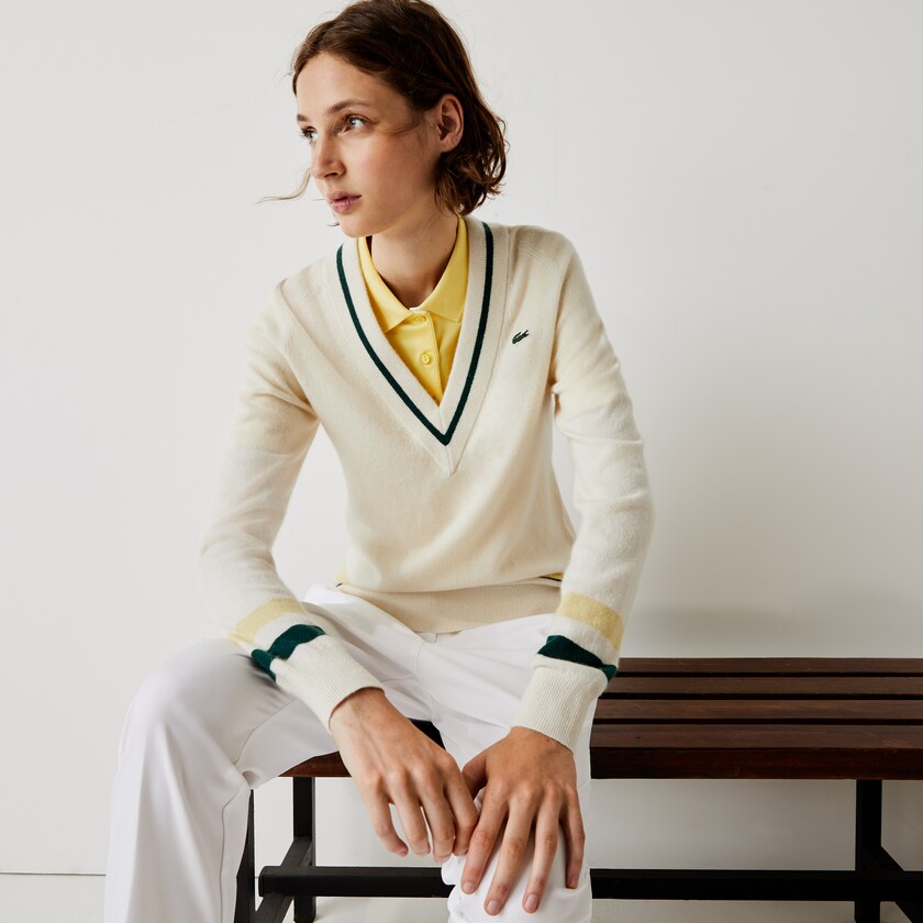 Women's Lacoste White / Yellow / Green Sweaters SPORT Recycled Cashmere V-neck Golf AV9-97939P2