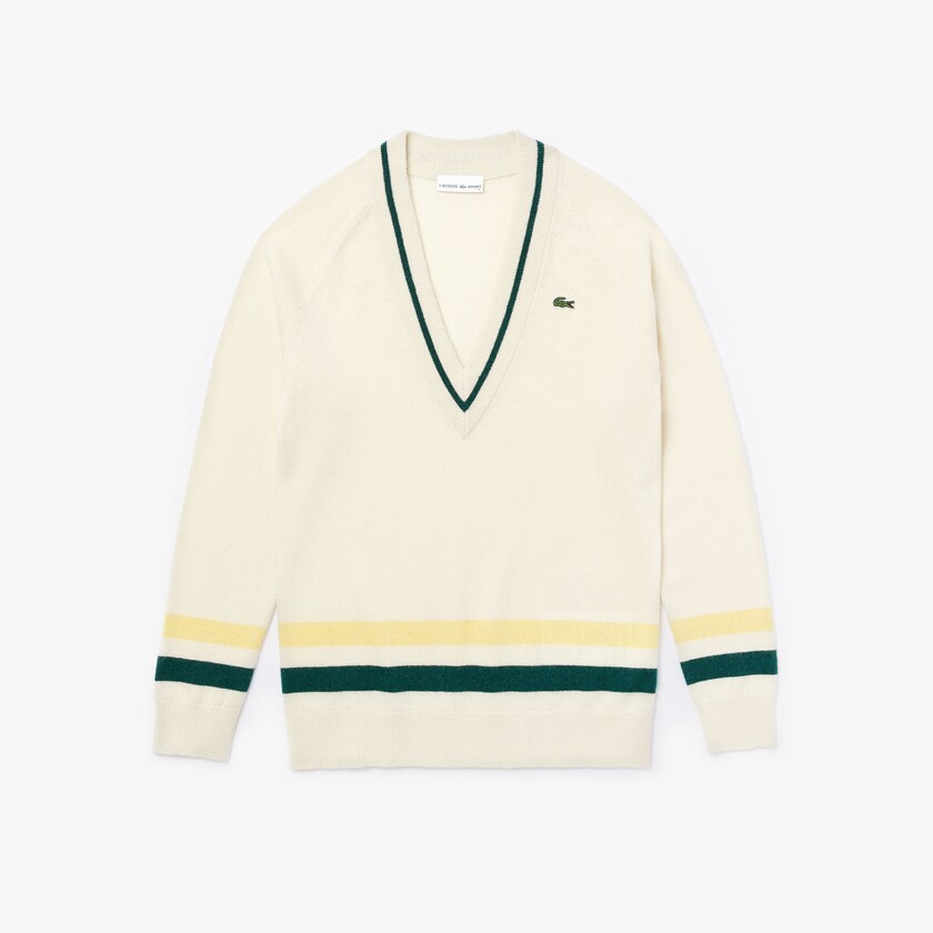 Women's Lacoste White / Yellow / Green Sweaters SPORT Recycled Cashmere V-neck Golf AV9-97939P2