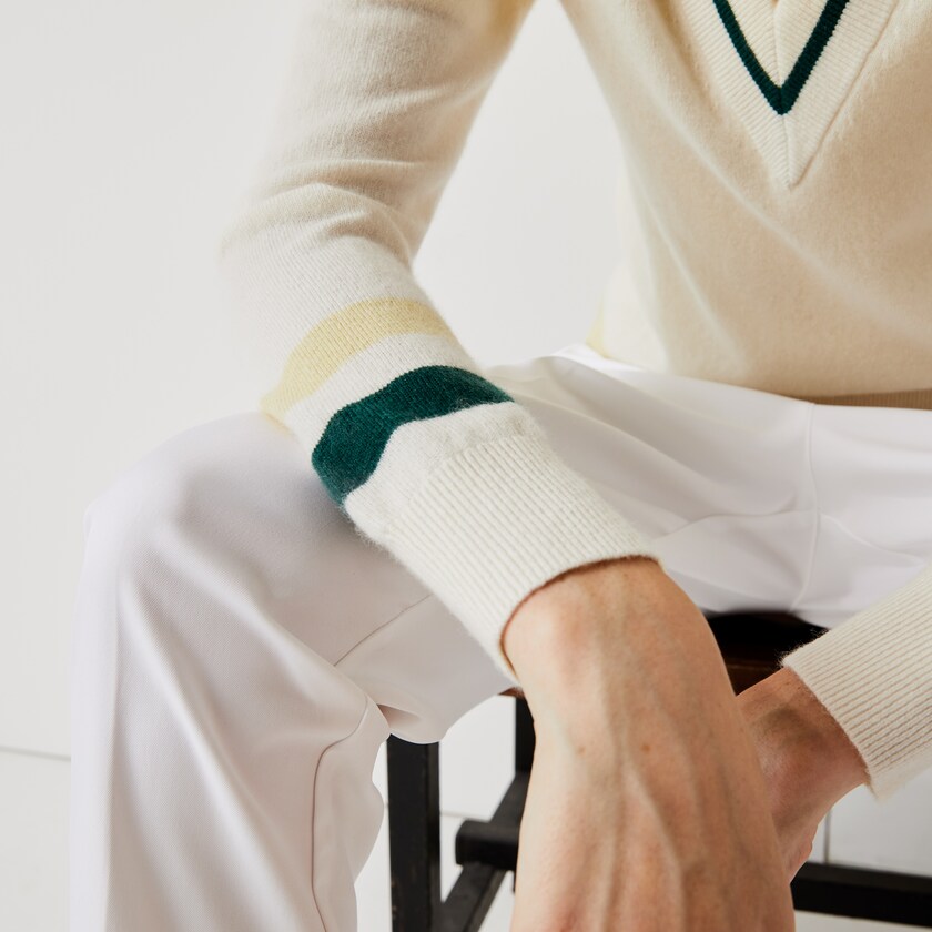 Women's Lacoste White / Yellow / Green Sweaters SPORT Recycled Cashmere V-neck Golf AV9-97939P2