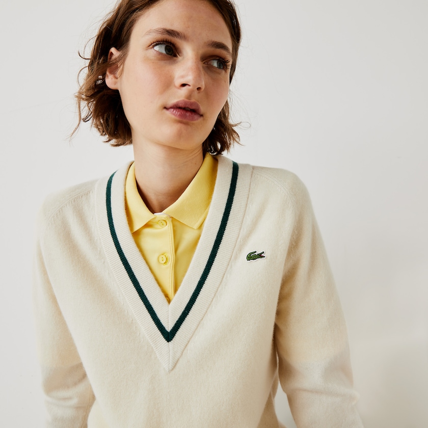 Women's Lacoste White / Yellow / Green Sweaters SPORT Recycled Cashmere V-neck Golf AV9-97939P2