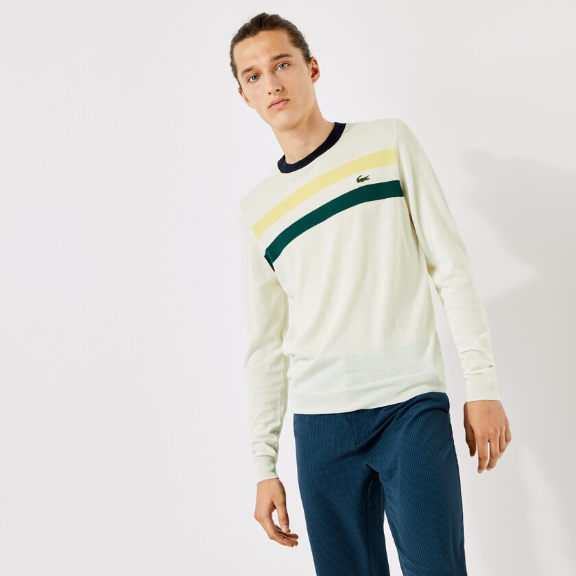 Men's Lacoste White / Yellow / Green / Navy Blue Sweaters SPORT Breathable Striped Wool Golf NK6-56455I0