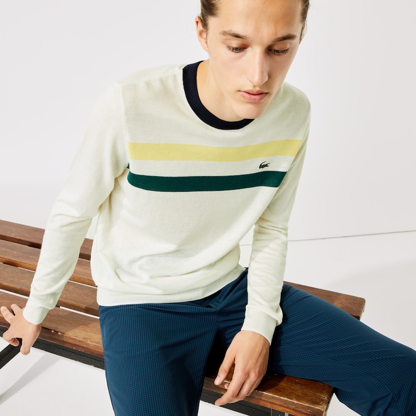 Men's Lacoste White / Yellow / Green / Navy Blue Sweaters SPORT Breathable Striped Wool Golf NK6-56455I0