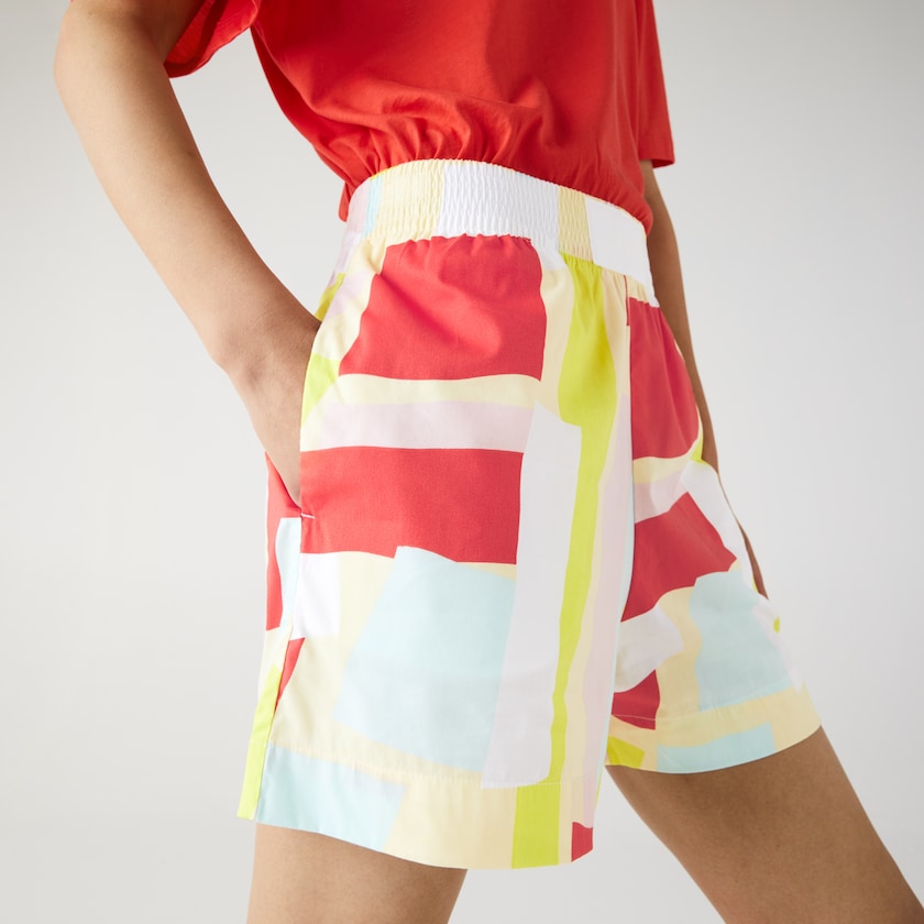 Women's Lacoste Yellow / White Shorts Abstract-Print Cotton Poplin XG1-40044B4
