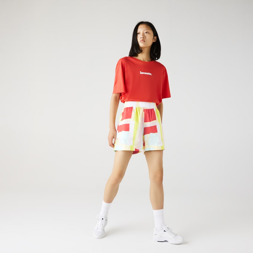Women's Lacoste Yellow / White Shorts Abstract-Print Cotton Poplin XG1-40044B4