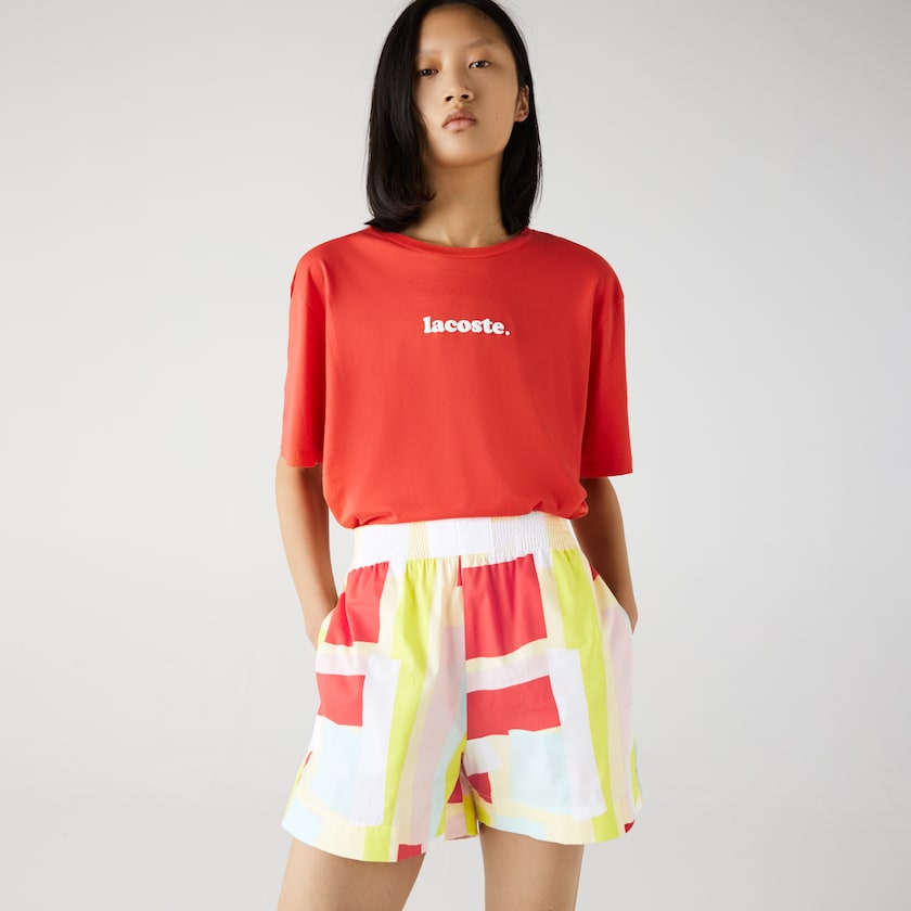 Women's Lacoste Yellow / White Shorts Abstract-Print Cotton Poplin XG1-40044B4