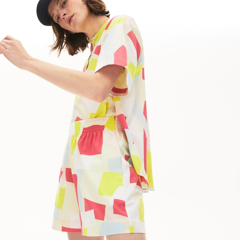 Women's Lacoste Yellow / White Shirts Abstract-Print Cotton Blend Blouse SE7-57545I5