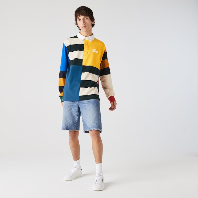 Men's Lacoste Yellow / White Shirts LIVE Relaxed Colorblock Rugby Polo AQ9-54945X4