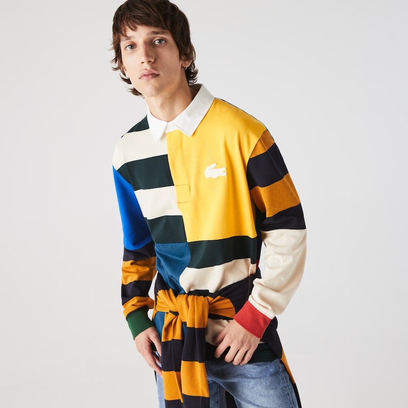 Men's Lacoste Yellow / White Shirts LIVE Relaxed Colorblock Rugby Polo AQ9-54945X4