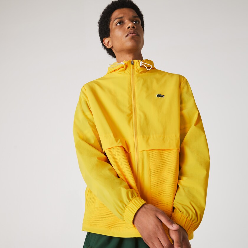 Men's Lacoste Yellow / White Windbreaker SPORT Hooded Taffeta-Lined PP1-90729K5