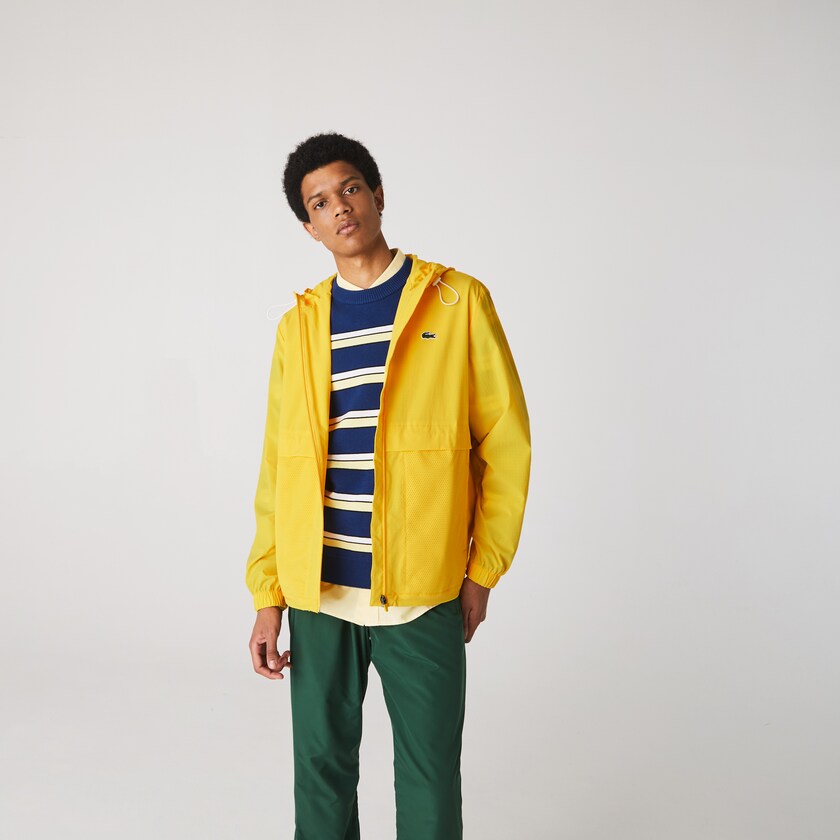 Men's Lacoste Yellow / White Windbreaker SPORT Hooded Taffeta-Lined PP1-90729K5