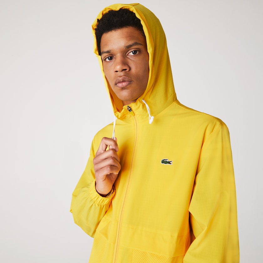 Men's Lacoste Yellow / White Windbreaker SPORT Hooded Taffeta-Lined PP1-90729K5